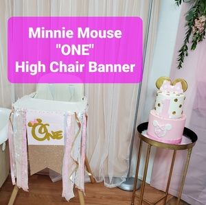 High chair banner first birthday girl Minnie Mouse pink One